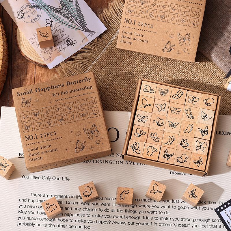25 Pcs Plant Butterfly Weather Flower Week Wooden Rubber Stamp Scrapbooking Deco DIY Craft Standard Wooden Stamps Set