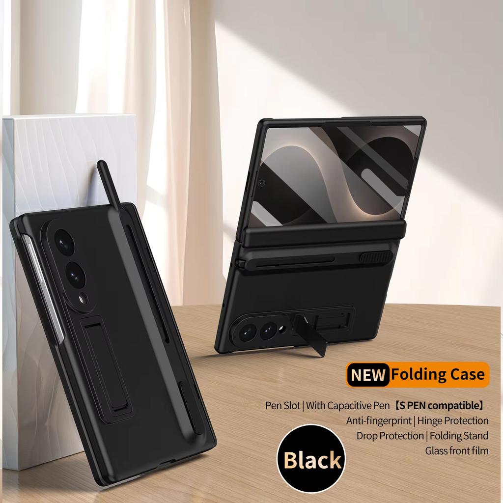 Original protective hinge case for Samsung Galaxy Z Fold 8 7 6 5 including stylus, foldable tempered glass film, and stand