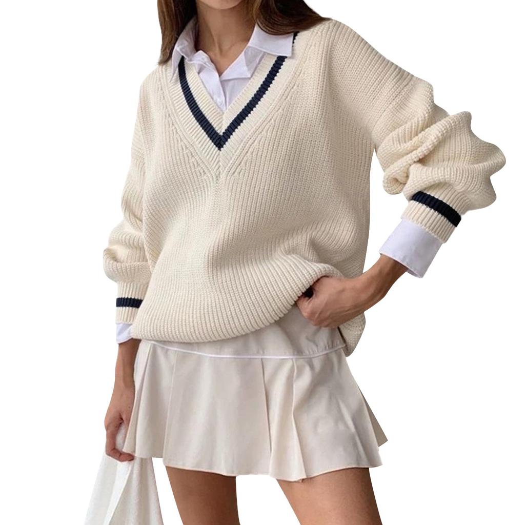 Women's Autumn And Winter Casual Stitching Contrast Color Slim Loose Long-sleeved Sweater