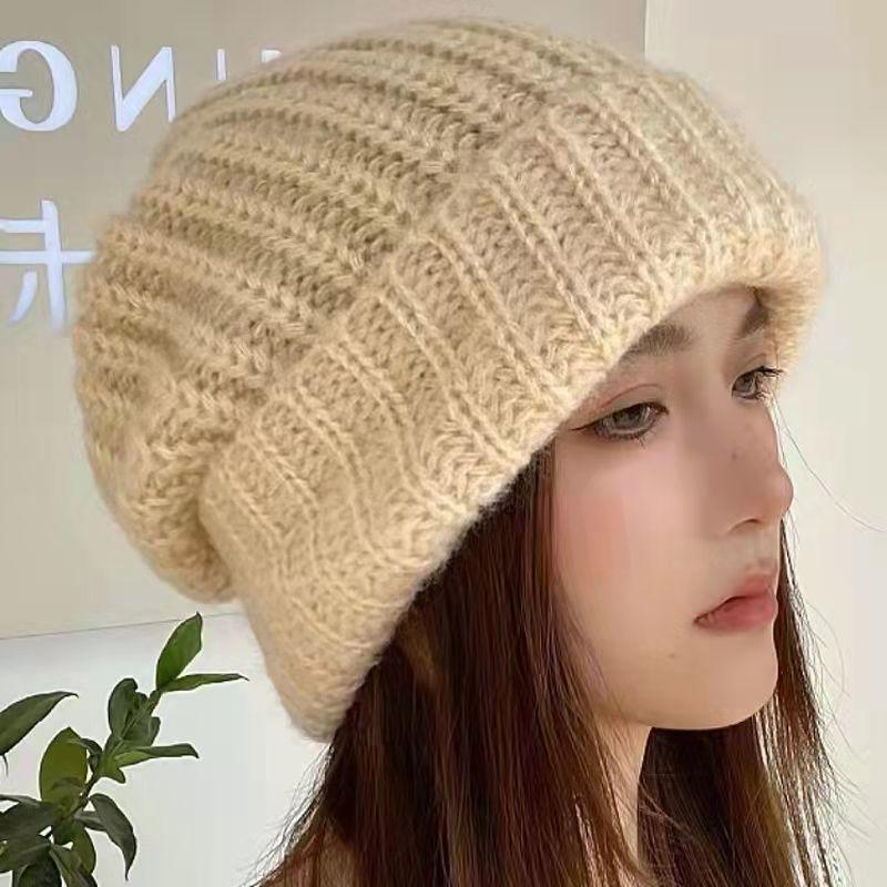 Hat Winter New Knitted Wool Hat Female Japanese Autumn and Winter Ear Protection Warm Pile of Hats Solid Color Caps for Women
