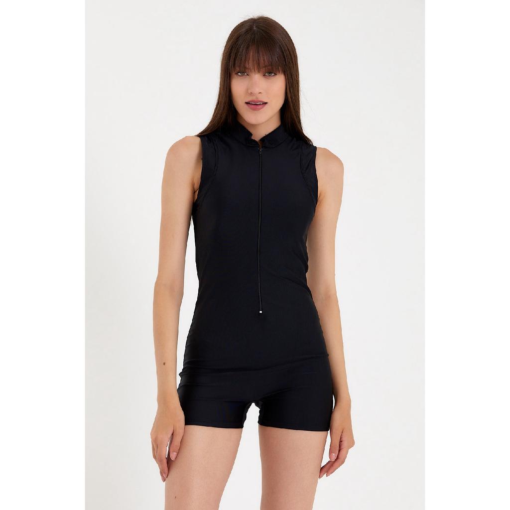 Women's Thick Strap Half Zipper Shorts Swimming Swimsuit One Piece Black