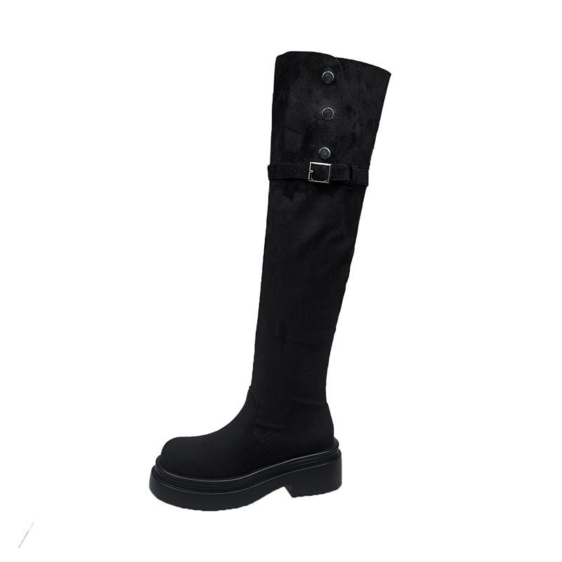 Over-knee Boots Women's Thick-soled Inner Height Increase Merad Long-tube Boots Thick-soled Large-tube Circumference Widened Fat Mm Large Size Velvet