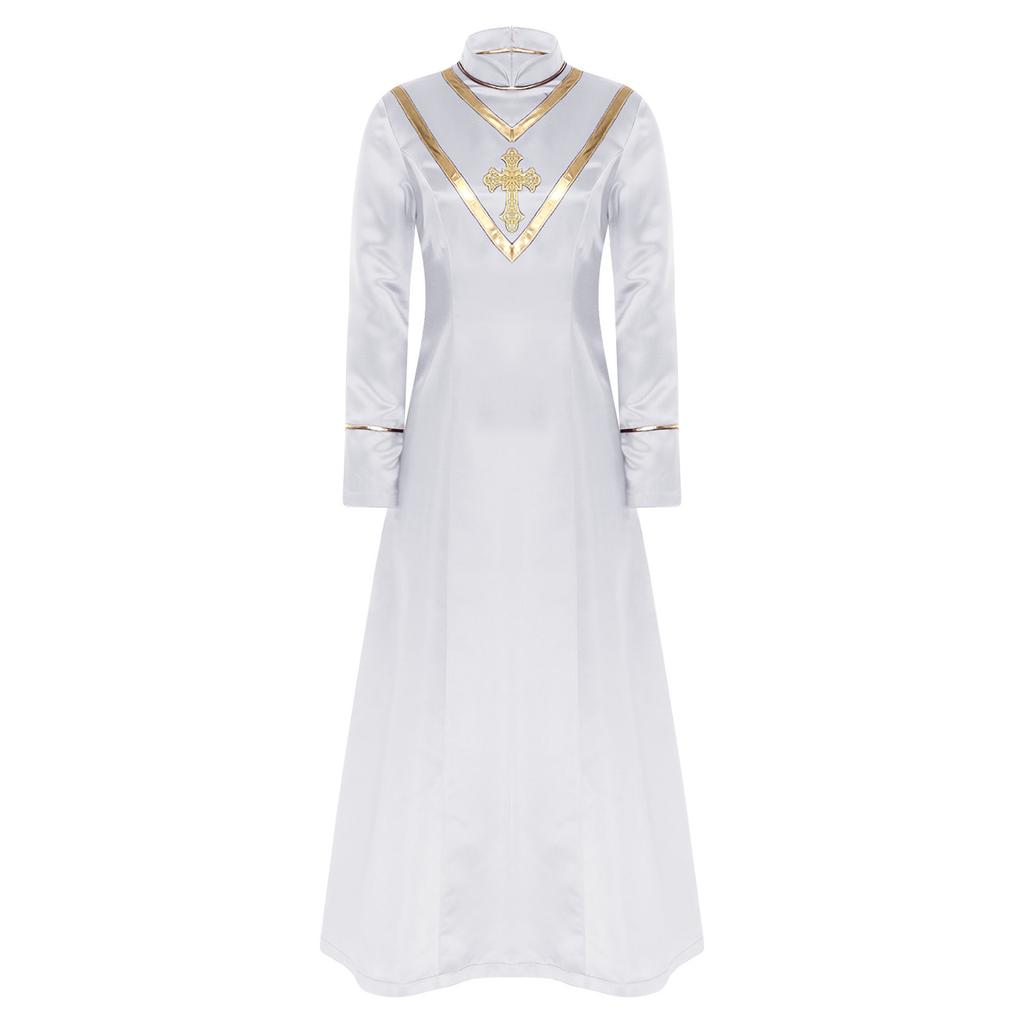 Womens Priest Cleric Cassocks Embroidered Cross Long Sleeve Back Zipper Long Robe
