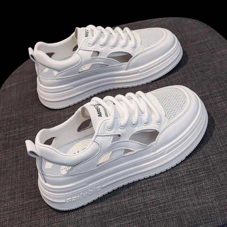 Туфли белые с толстой подошвой, женские, лето 2025, новые, дышащие, спортивные сандалии на шнуровке, универсальные, повседневные, с отверстиями