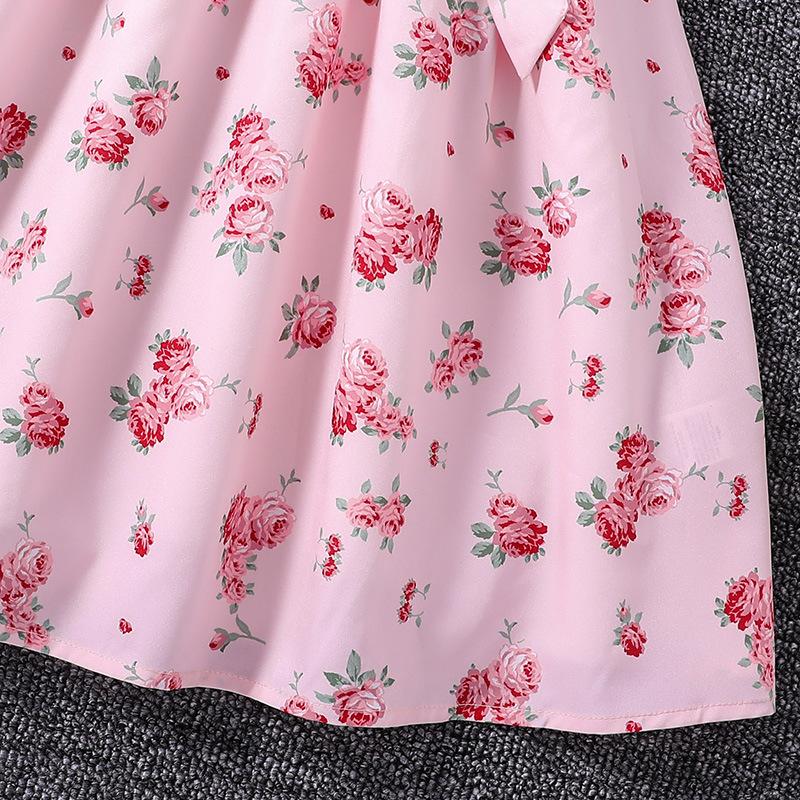 Лето 2024 г., розовое детское платье принцессы с короткими рукавами и принтом для девочек, одежда для девочек