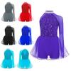 Girls Dance Performance Jumpsuit Sparkly Sequins Bodice Tulle Skirted Leotard Keyhole Back Cutout Waist Asymmetrical Design