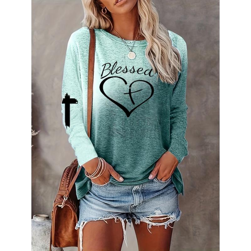 Letter and Heart Pattern Casual Long Sleeved Round Neck T-shirt for Women's Clothing