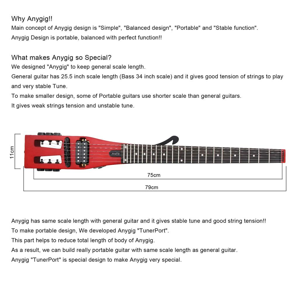 Anygig Portable Travel Electric Guitar 82CM Cherry Full Scale with Gig Bag for Right Handed 1.6KG 25.5"