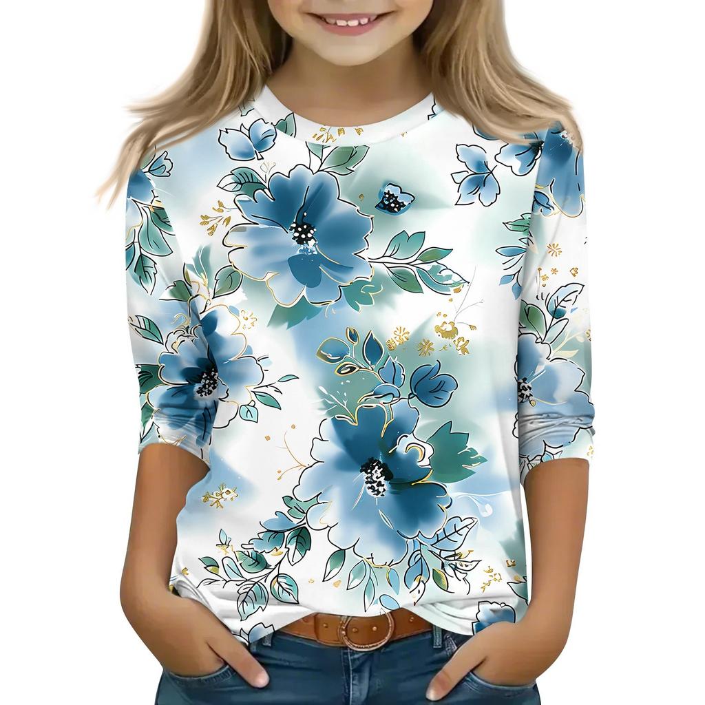 Детская футболка с рукавом 3/4, повседневная футболка с принтом, круглый вырез, блузка-пуловер