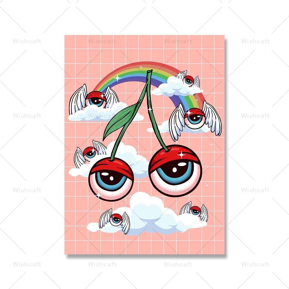 Weirdcore Eyes Cottagecore Art Prints Kawaii Cherry Lollipop Arbuz Food Canvas Painting Pink Aesthetic Wall Art Pictures
