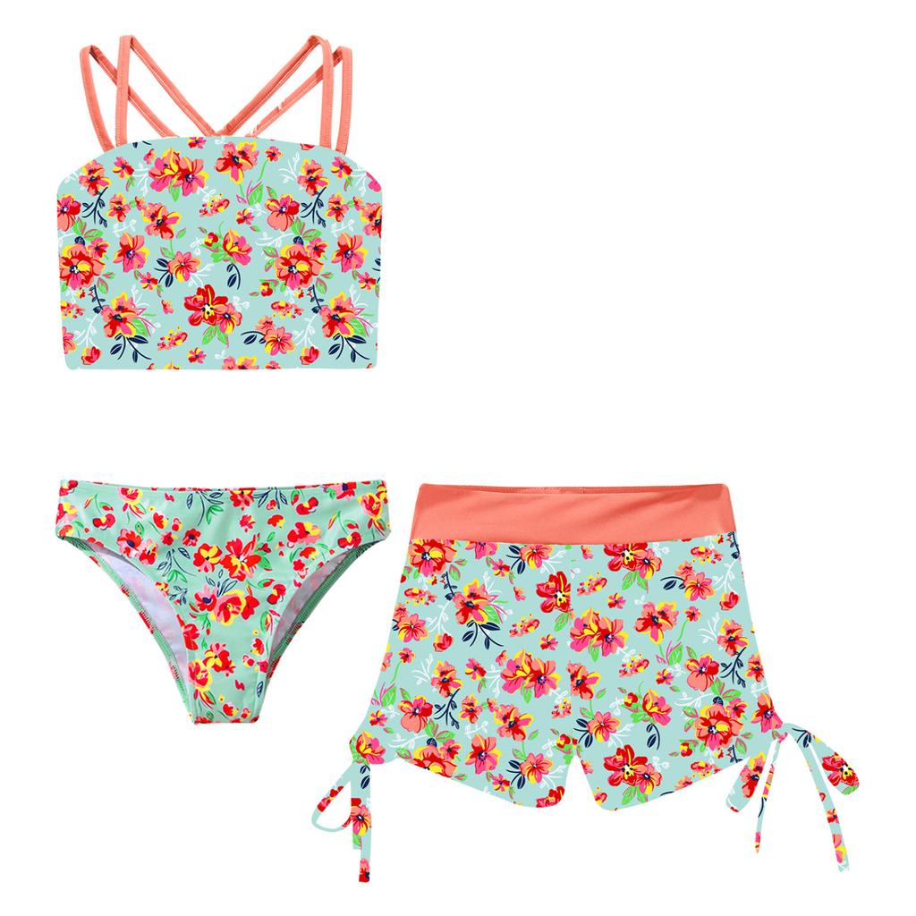 Бикини с шортами. Комплект для девочек. Топ-танкини. Шорты для плавания. Гавайский купальник из трех предметов. Спортивный бюстгальтер-кроссовер. Низ бикини.