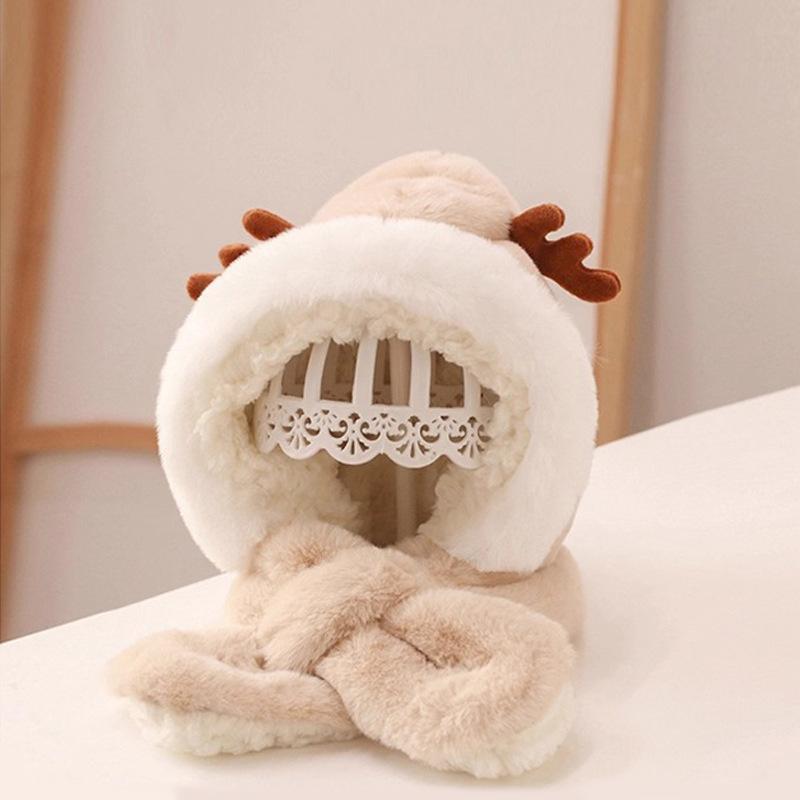 Children's plush hat and scarf combo for autumn and winter, unisex baby pullover hat, thickened cute cartoon deer ear protection hat