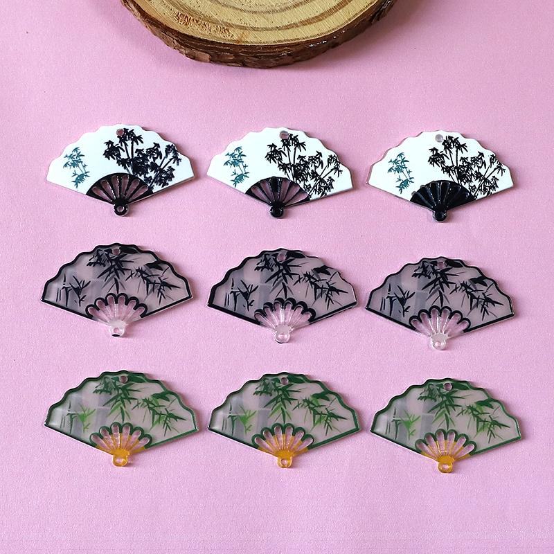 30Pcs/Pack Chinese Vintage Bamboo Fan Acrylic Connector Charms Bulk Wholesale Calligraphy Art Pendant For Earring Jewelry DIY
