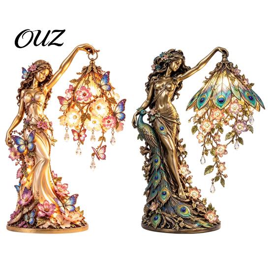 Detailed Resin Statue Peacock/Butterfly Goddess Desk Light, Decorative Lighted Sculpture, with Warm LED Artistic Home Soft Furnishing Lighting, Retro