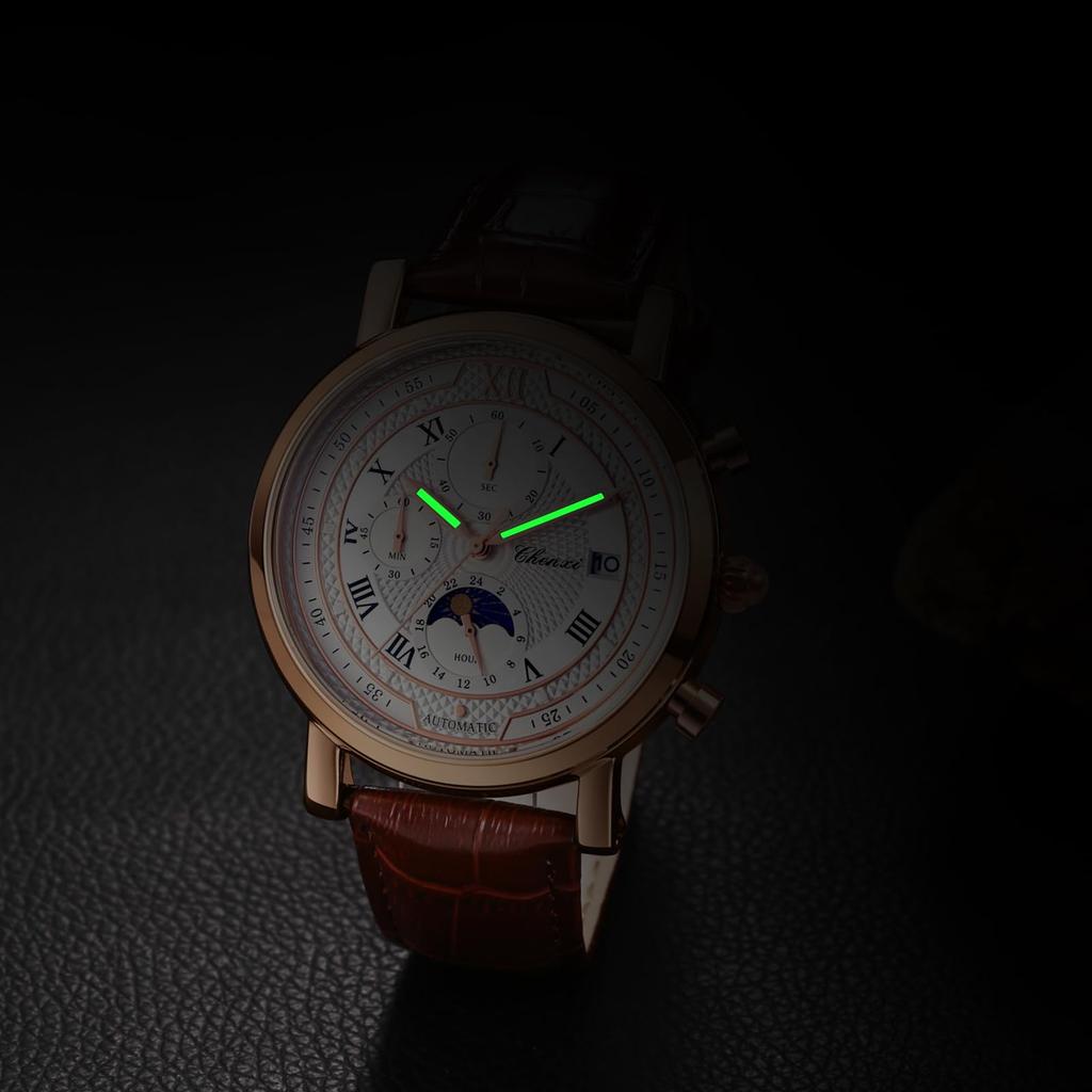 Genuine Leather Strap Waterproof Roman Alphabet Analog Luminous Stopwatch Calendar Small Seconds Quartz Watch Daily Life Commuting Day Birthday