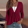 Women's Fashion Casual Long Sleeve Shirt Solid Color Button V Neck Up Tops