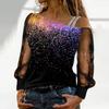 Топ с принтом и открытыми плечами, свободная сетчатая футболка на одно плечо с блестками, повседневный топ с длинными рукавами, топ без бретелек