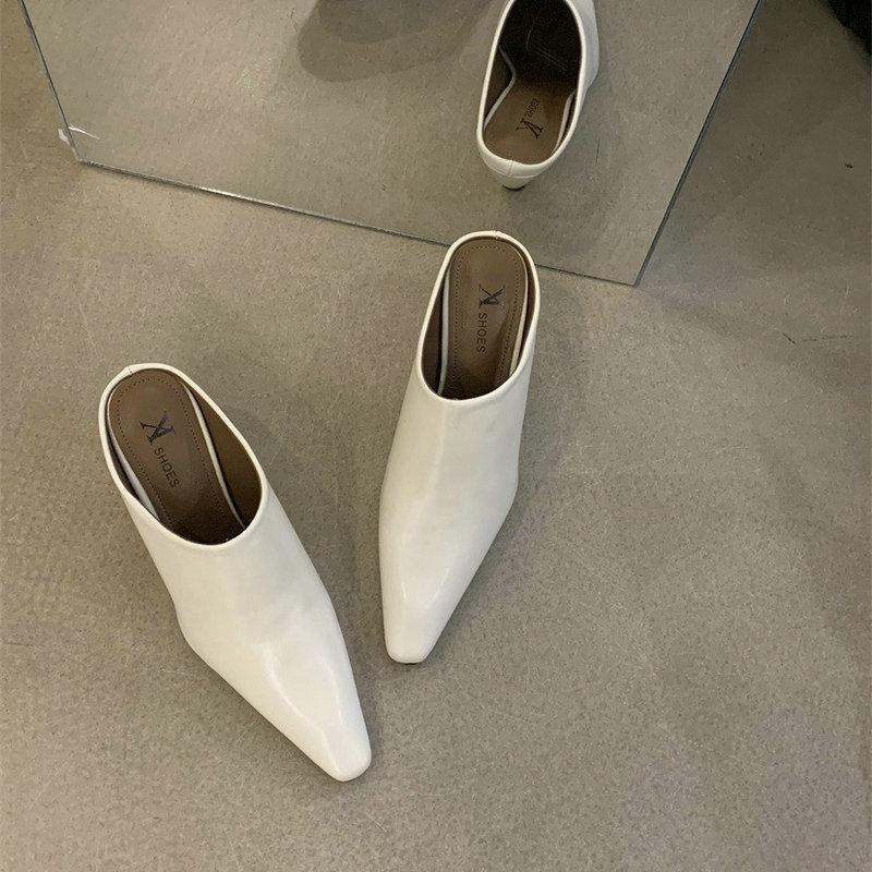 Fashion Half Slipper Women Soft Leather Small Square Wedge High Heels Fashion Wear Lazy Mugler Shoes