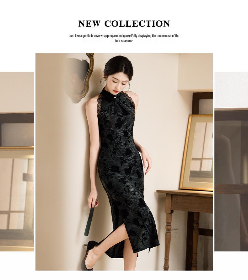 Slim Black Velvet Halterneck Cheongsam: 2025 Young Style Evening Dress