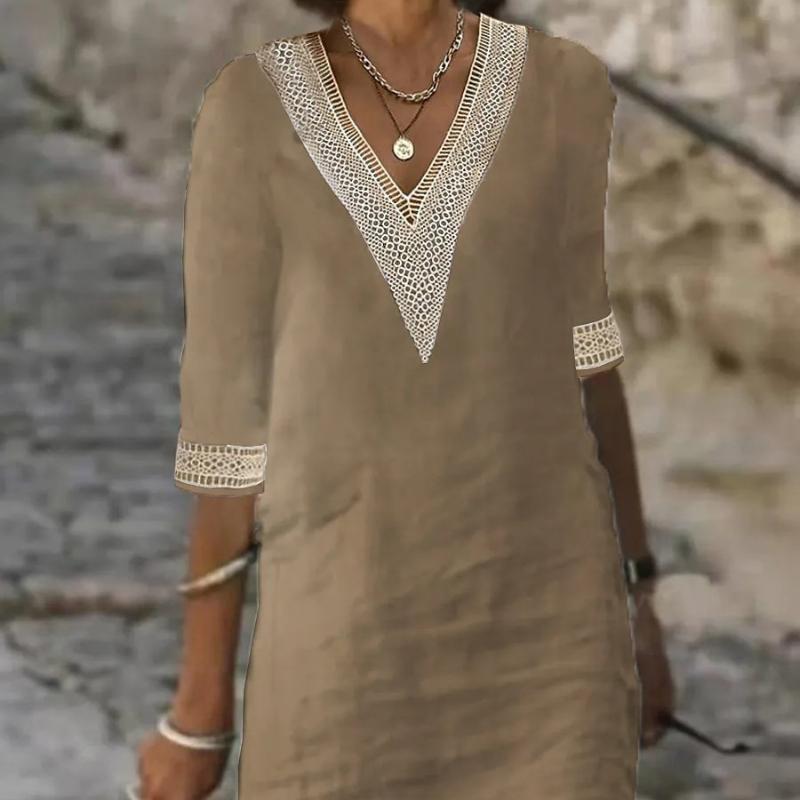 Весна и лето Новое однотонное платье с V-образным вырезом и рукавами средней длины