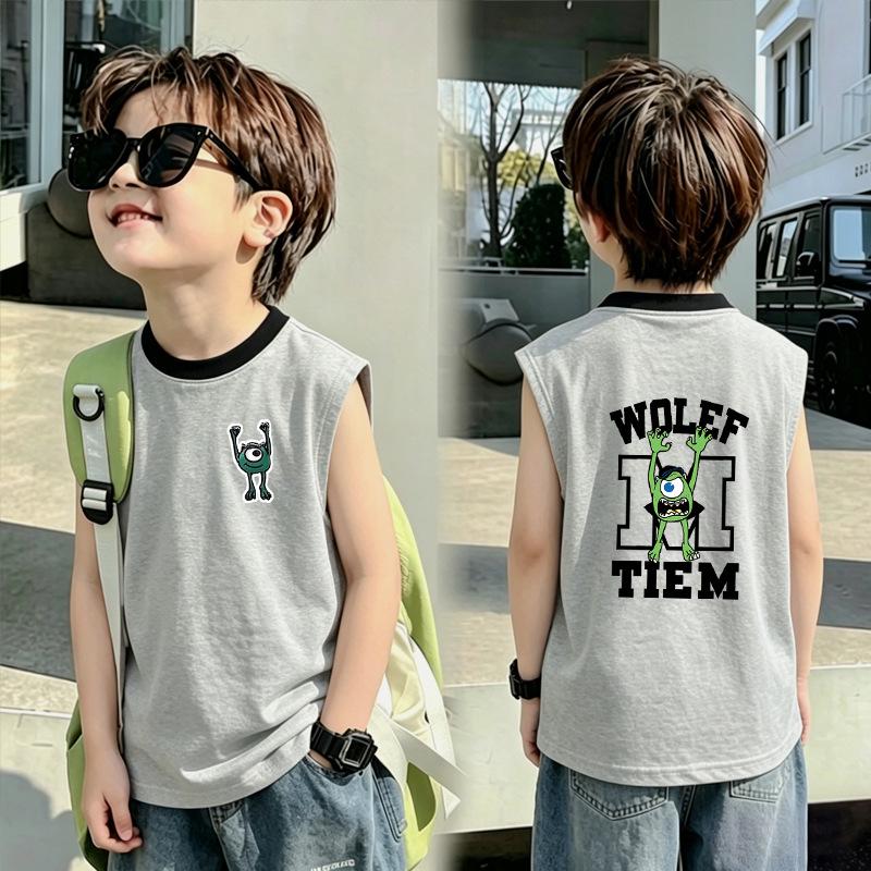 Летняя хлопковая майка-жилет для мальчиков - Контрастные цвета, Повседневный уличный стиль, Без рукавов, с принтом, для мальчиков среднего и старшего возраста