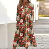 Women's Casual Round Neck Christmas Print Midi Dress Long Sleeve Pocket Dress