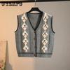 Women's Knitted Vest Diamond Grid V-neck Knitted Cardigan Embroidered Vest Spring and Autumn Loose Vest Women