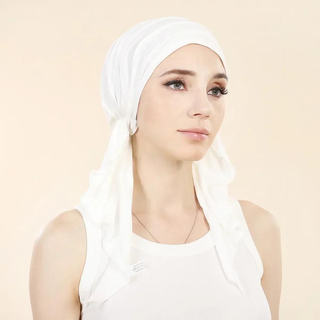 New Shimmer Pre-Tied Hat Women Muslim Hijab Turban Long Tail Headscarf Beanies Bonnet Hair Loss Chemo Cap Head Wrap Bandanas
