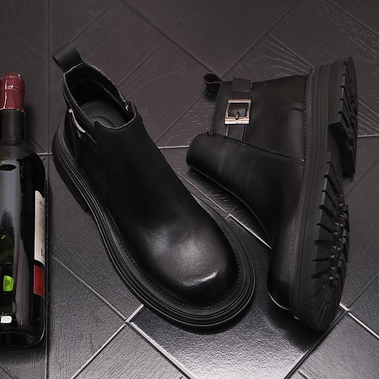 Men's Chelsea Leather Slip-On Boots - High-Top, British Style, with Inner Height Increase and Martin Boot Warmth.