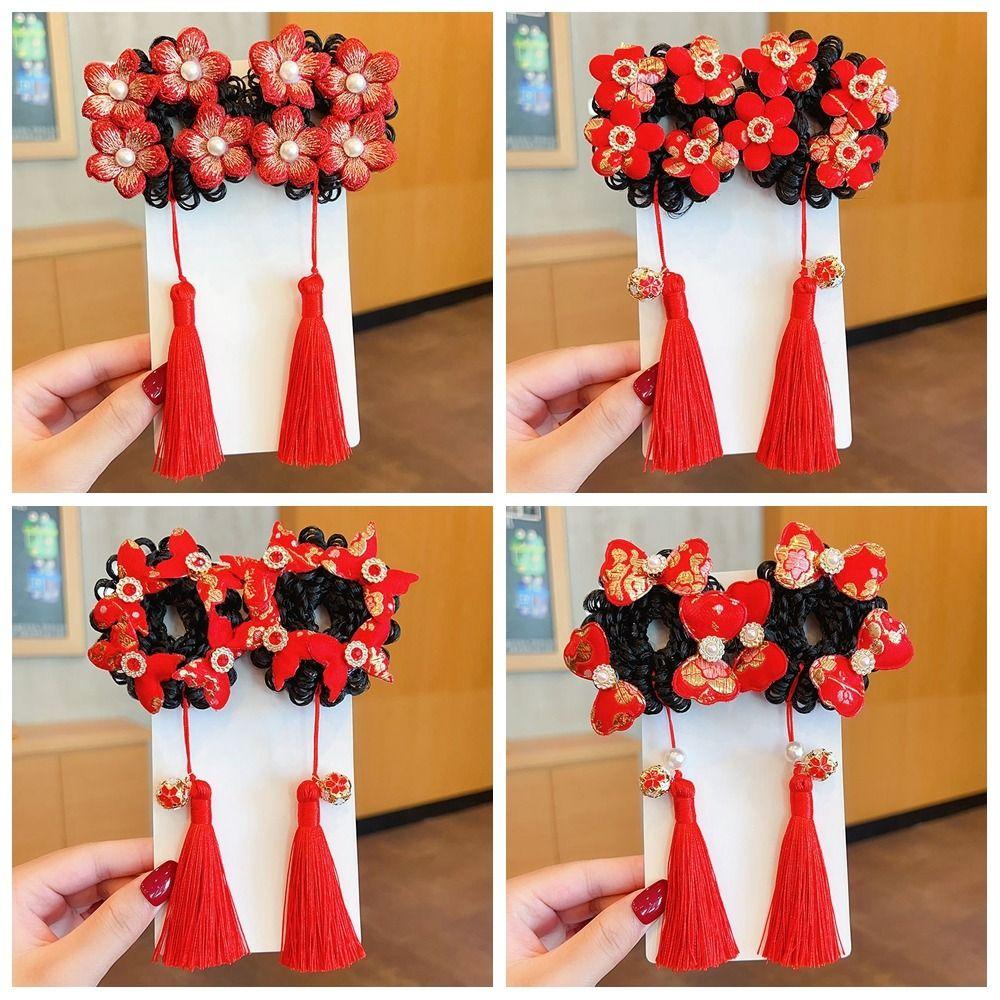 Flower Children Hanfu Hair Ring Red Ancient Style Scrunchines Bow Wig Braid Hair Rope  Baby