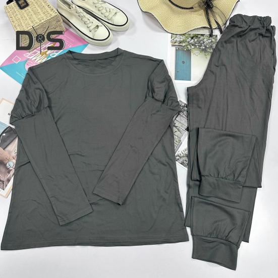 2 Pcs/Set Women Top Pants Suit Crew Neck Long Sleeves Solid Color Sleepwear Sport Sweatshirt Drawstring Elastic Waist Trousers Fitness Outfit Fall