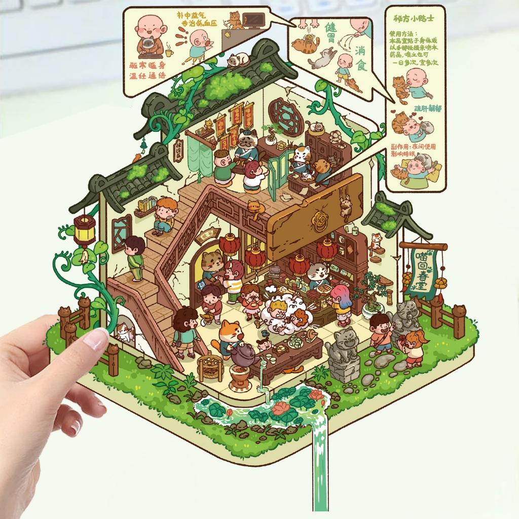 Cartoon Landscape Stickers Multiple Miniature World 3D Hut Unzip DIY Scene Manual Post