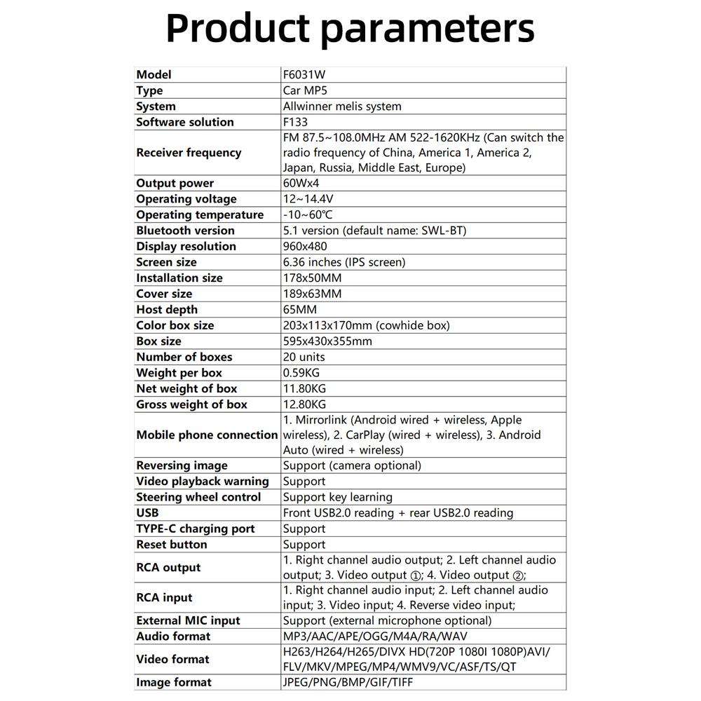 6,36-дюймовый автомобильный стереоплеер BT MP5 плеер RDS радио поддержка громкой связи телефон UDiskAUXin