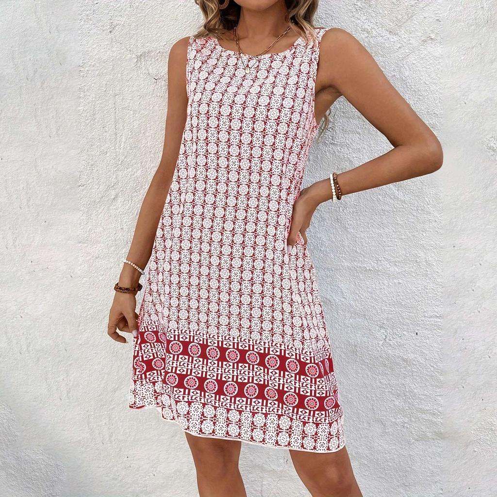 Women's Summer Retro Round Neck Sleeveless Loose Printed Vest Dress