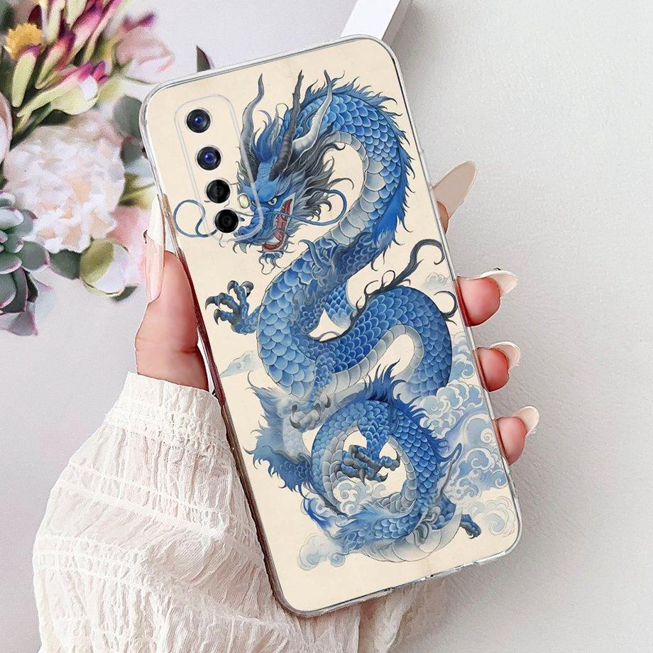 Для Realme 7 Global RMX2155 / Realme 6 6Pro RMX2001 RMX2061 Чехол Прозрачный Мягкий ТПУ Покрытие Цветы Милый Мультяшный Дракон Funda