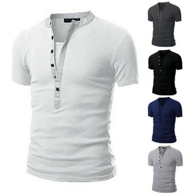 Мужская рубашка сплошного цвета Slim Fit с воротником-стойкой в стиле пэчворк Летний мужской топ для повседневной носки