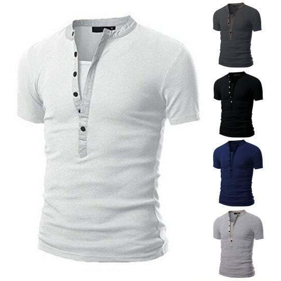 Мужская рубашка сплошного цвета Slim Fit с воротником-стойкой в стиле пэчворк Летний мужской топ для повседневной носки