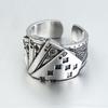 Playing Card Chunky  Engraved Adjustable Silver Color Ring For Men Vintage