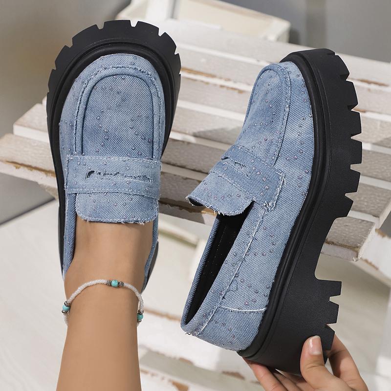 Lucyever Джинсовые лоферы на платформе для женщин 2024 года, повседневная обувь на толстой подошве с кристаллами, удобная женская обувь на плоской подошве, Zapatas Mujer