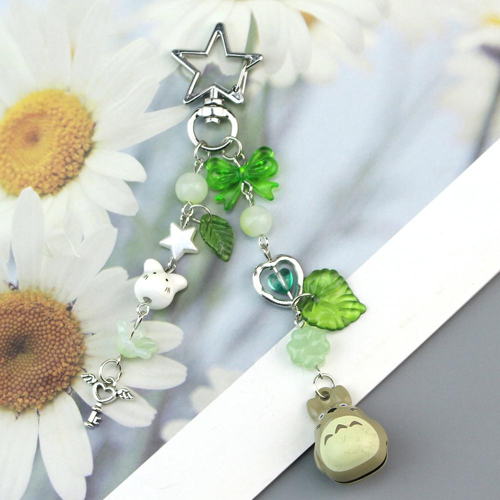 Handmade Cat Phone Chain Charm Fairy Core Four Leaf Clover Beaded Keychain Cute Ceramics Cat Keychain Bag Key Ring