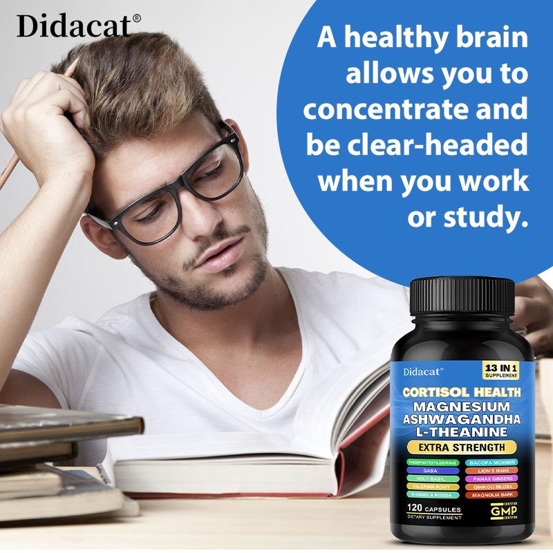 Didacat Cortisol Health Magnesium Ashwagandha L-Theanine Supplement, 13 in 1 Extra Strength 120 Capsules