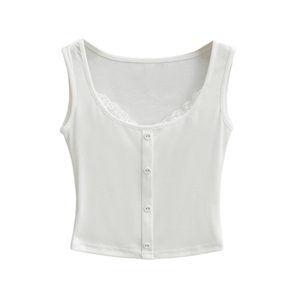 Летний кружевной кроп-топ-майка 2024 - Женский двухпредметный дизайн без рукавов с круглым вырезом