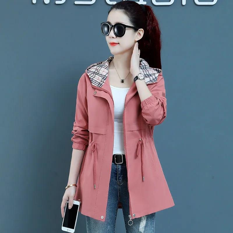 Женская куртка-тренчкот корейская весна-осень свободные длинные рукава короткие пальто женская ветровка с капюшоном верхняя одежда топы