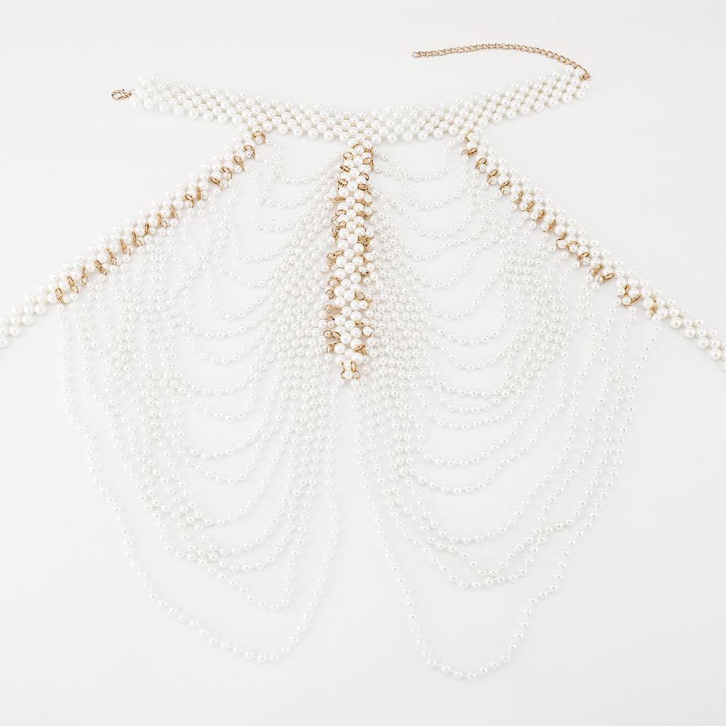 Fashion Body Chain Handmade Woven Shawl Pearl Tassel Wave Dress Wedding Costume Accessories