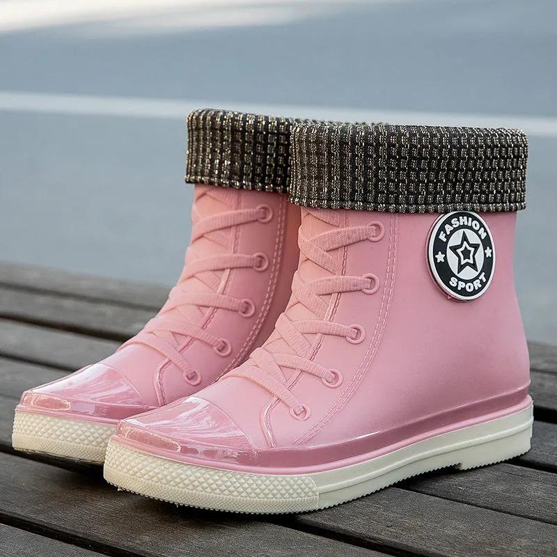 Модные розовые резиновые сапоги, всесезонные, со съемной стелькой, дождевые туфли 2024 года, новые дизайнерские резиновые сапоги на шнуровке