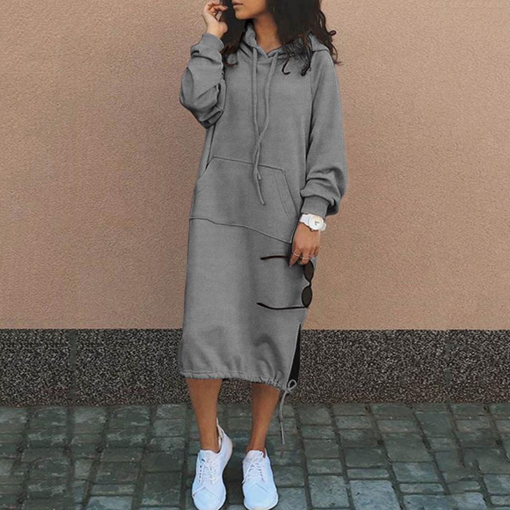 Women's Long Sleeve Casual  Hoodie Sweatshirts Side Slip  Pullover Dress With Pocket