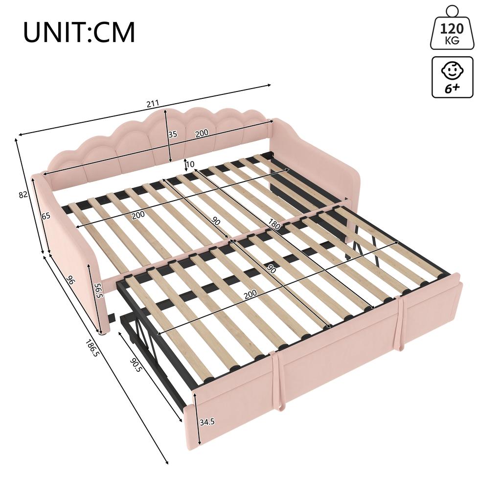Daybed with Pull-Out Bed, Sofa Bed, Single Bed (Without Mattress), Double Bed, Velvet, Color-Changing LED Strip, 90x200cm(180x200cm), Pink