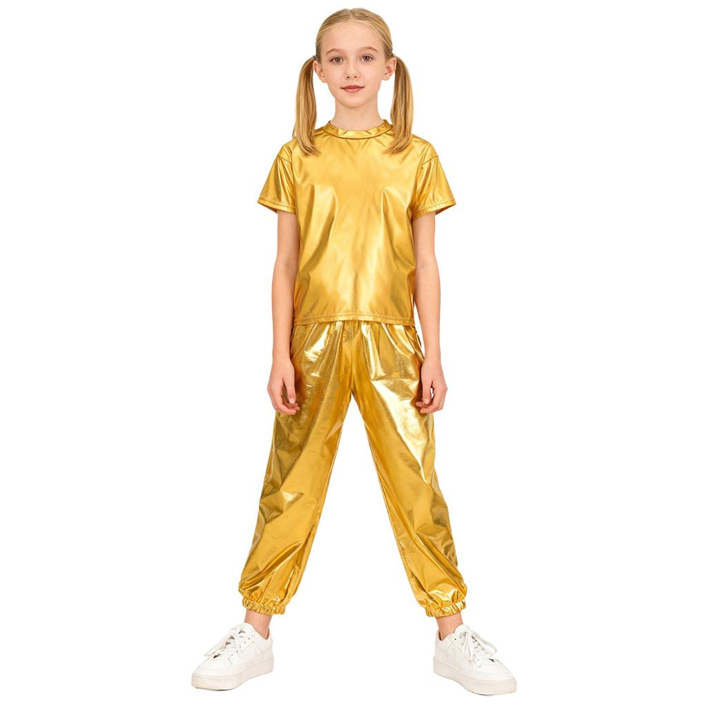 Children Stage Performance Outfit Kids Dance Party Costume Set Metallic Shiny T Shirt with Pants Unisex Ballet Jazz Wear