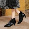 Французские остроносые короткие сапоги с V-образным вырезом, ретро кожаные, с вставками из конского волоса, на высоком каблуке, короткие кожаные сапоги, на толстом каблуке, высокие, бархатные женские туфли