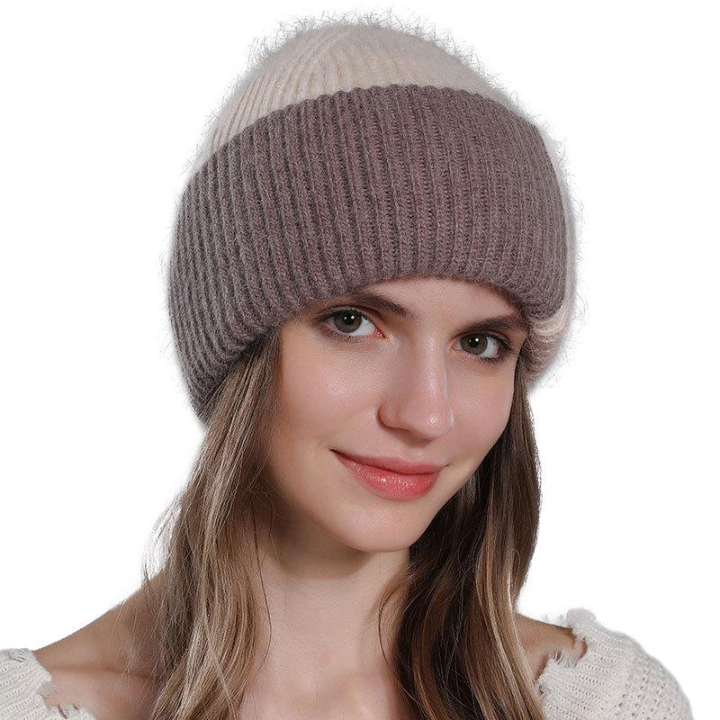 Женская вязаная шапка из кроличьей шерсти, зимняя теплая шерстяная шапка контрастного цвета, универсальный женский пуловер, шапка